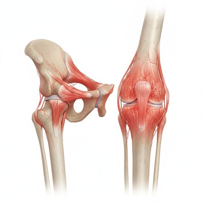 מבנה מפרקי הירך והברך איור אנטומי של מפרק ירך וברך עם גידים ורצועות